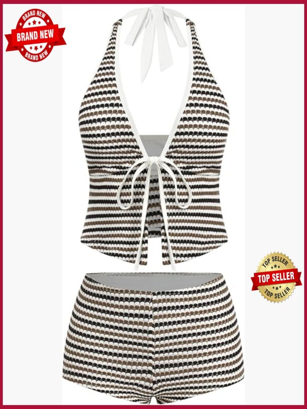 Womens Striped Halter Bikini Set Front Tie Tankini Swimsuit Boho Two Piece